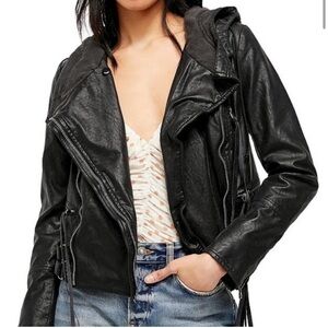Free People We the Free Cleo Vegan Leather Hooded Moto Jacket - Size Small - EUC